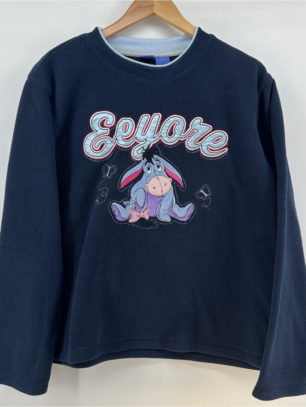 Disney Eeyore Navy Embroidered Fleece Crewneck Pullover Large Retro Style
